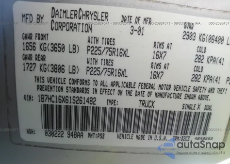 2001 Dodge Ram 1500 St/Work Special from USA, damaged, VIN 1B7HC16X61S261482